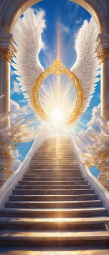 heavenly ladder,heaven gate,angel wing,angelology,stairway to heaven,angel wings,the pillar of light,divine healing energy,angels,angel bridge,angel playing the harp,stargate,guardian angel,archangel,ascension,holy spirit,dove of peace,eternal,the archangel,heaven and hell,Illustration,Realistic Fantasy,Realistic Fantasy 20
