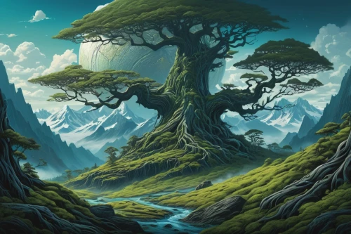 fantasy landscape,elven forest,cartoon video game background,isolated tree,mushroom landscape,cartoon forest,celtic tree,forest tree,fractal environment,world digital painting,tree tops,druid grove,tree grove,magic tree,flourishing tree,dragon tree,forest landscape,the roots of trees,the trees,trees,Illustration,Black and White,Black and White 01