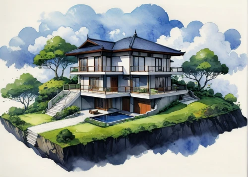 japanese architecture,house with lake,house by the water,floating island,houses clipart,asian architecture,home landscape,modern house,cubic house,house drawing,chinese architecture,stilt house,house painting,residential house,landscape design sydney,landscape designers sydney,luxury property,floating islands,tropical house,inverted cottage,Illustration,Japanese style,Japanese Style 10