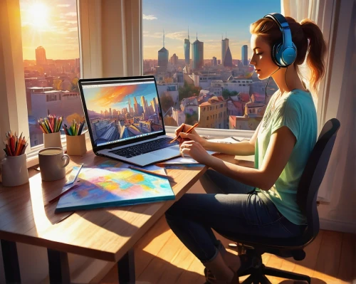 girl at the computer,world digital painting,girl studying,work from home,music workstation,sci fiction illustration,computer desk,computer workstation,music background,working space,computer graphics,listening to music,computer addiction,illustrator,digital compositing,creative office,work at home,desktop computer,blur office background,wireless headset,Illustration,Realistic Fantasy,Realistic Fantasy 30