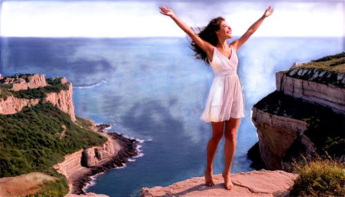 image manipulation,photoshop manipulation,photo manipulation,cliffs ocean,gracefulness,photomontage,arms outstretched,cliff top,divine healing energy,landscape background,aphrodite's rock,cliff jumping,be free,leap for joy,thracian cliffs,travel woman,temple of poseidon,creative background,leap of faith,photomanipulation,Conceptual Art,Sci-Fi,Sci-Fi 02