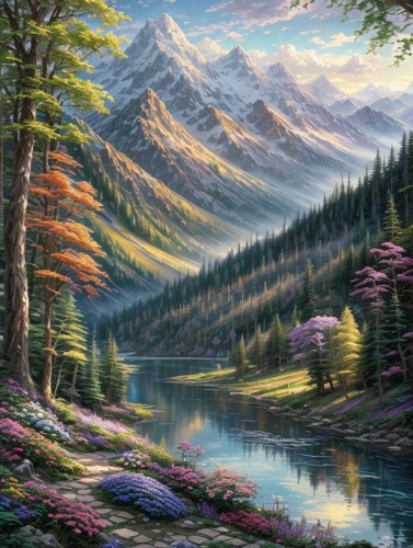 mountain landscape,landscape background,mountain scene,fantasy landscape,salt meadow landscape,river landscape,mountainous landscape,nature landscape,purple landscape,forest landscape,autumn mountains,meadow in pastel,beautiful landscape,fantasy picture,mountain lake,world digital painting,mountain meadow,natural landscape,mountain river,larch forests