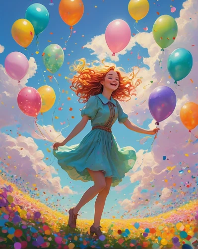 little girl with balloons,colorful balloons,balloons,rainbow color balloons,balloon,balloons flying,pink balloons,star balloons,blue balloons,balloon trip,baloons,ballooning,happy birthday balloons,ballon,balloon-like,heart balloons,corner balloons,blue heart balloons,little girl in wind,red balloon,Conceptual Art,Oil color,Oil Color 16