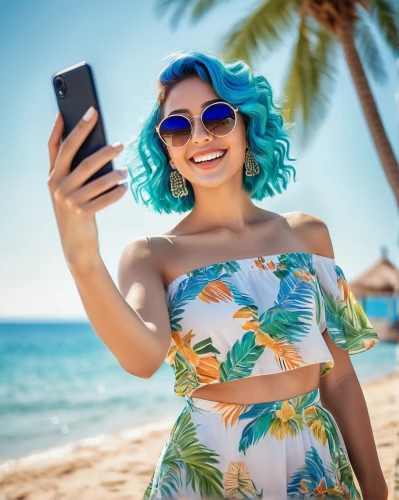 beach background,tropical floral background,woman holding a smartphone,mermaid background,floral background,colorful background,summer background,colorful floral,summer icons,music on your smartphone,aloha,floral dress,blue hawaii,phone icon,taking photo,social,taking photos,flower background,blue hair,color turquoise,Art,Classical Oil Painting,Classical Oil Painting 02