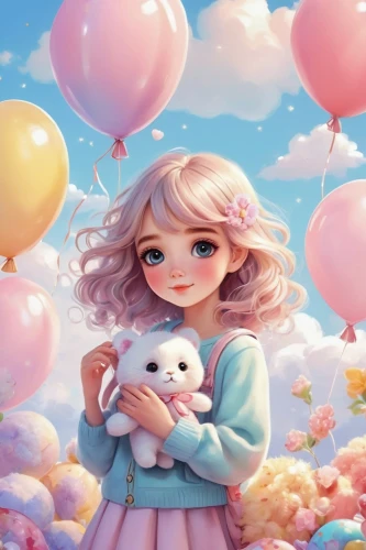 little girl with balloons,soft pastel,pink balloons,children's background,balloon,fluffy diary,star balloons,dream world,cotton candy,pastel colors,wonderland,kids illustration,candies,balloon trip,balloons,colorful balloons,candy island girl,little girl in wind,little clouds,spring background,Conceptual Art,Oil color,Oil Color 08