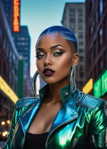 futuristic,artificial hair integrations,birds of prey-night,cyborg,jade,ash leigh,african american woman,mystique,harlem,femme fatale,black women,x-men,karnak,cyberpunk,latex,lira,ebony,airbrushed,lex,latex clothing,Illustration,Realistic Fantasy,Realistic Fantasy 21