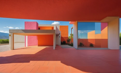 colorful facade,cubic house,cube house,dunes house,color fields,color blocks,polychrome,tiles shapes,cube stilt houses,terracotta tiles,color block,pink squares,color wall,hacienda,saturated colors,patio,mirror house,painted block wall,portal,contemporary,Photography,General,Realistic