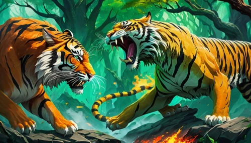 tigers,bengal tiger,animals hunting,tiger,game illustration,big cats,forest animals,a tiger,predators,wild animals,tiger png,asian tiger,tropical animals,hunting scene,predation,tigerle,world digital painting,king of the jungle,siberian tiger,leopard's bane,Art,Artistic Painting,Artistic Painting 42