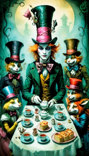 hatter,ringmaster,tea party,alice in wonderland,poker,tea party collection,diner,jigsaw,round table,magician,cheshire,teatime,soup kitchen,joker,poker table,high tea,jigsaw puzzle,dinner party,nightshade family,waiter,Illustration,Paper based,Paper Based 18