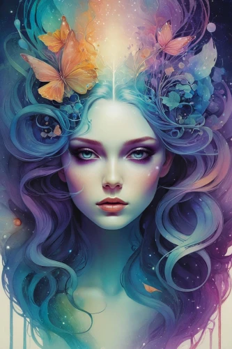 faerie,faery,mystical portrait of a girl,fantasy art,fantasy portrait,fae,fairy queen,psychedelic art,cosmic flower,la violetta,the enchantress,flora,mermaid vectors,zodiac sign libra,ultraviolet,medusa,boho art,flower fairy,dryad,nebula,Illustration,Realistic Fantasy,Realistic Fantasy 15