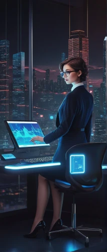 night administrator,neon human resources,women in technology,blur office background,girl at the computer,modern office,computer desk,apple desk,businesswoman,business women,secretary desk,business woman,receptionist,secretary,businesswomen,office desk,desk,cyber glasses,office worker,computer business,Illustration,Abstract Fantasy,Abstract Fantasy 02