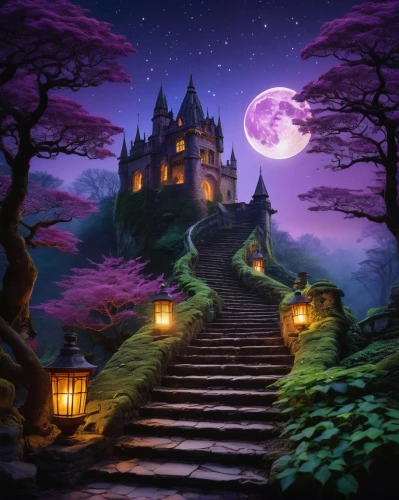 fairy tale castle,witch's house,fantasy picture,fairytale castle,purple landscape,fantasy landscape,halloween background,castle of the corvin,witch house,fairy tale,haunted castle,cartoon video game background,knight's castle,magical adventure,a fairy tale,fantasy world,night scene,hogwarts,ghost castle,children's fairy tale,Illustration,Japanese style,Japanese Style 21