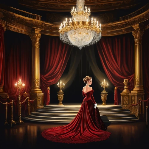 red gown,lady in red,man in red dress,queen of hearts,ball gown,red carnations,red carnation,the crown,red cape,red,theater curtain,girl in red dress,ballroom,queen of the night,celtic queen,theatrical,red coat,stage curtain,shades of red,cinderella,Illustration,Realistic Fantasy,Realistic Fantasy 25