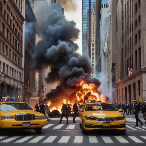 new york taxi,yellow cab,city in flames,taxicabs,the conflagration,new york streets,911,9 11,chrysler fifth avenue,firefighters,apocalypse,fire-fighting,apocalyptic,yellow taxi,fire disaster,nypd,explosions,stock market collapse,burnout fire,first responders,Photography,General,Realistic