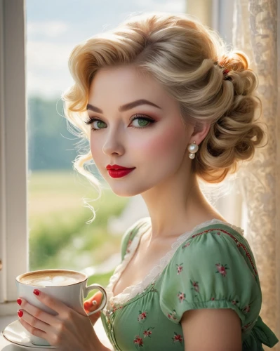 woman drinking coffee,vintage woman,cappuccino,café au lait,retro woman,vintage girl,vintage women,vintage makeup,woman at cafe,darjeeling tea,tea drinking,retro women,barista,drinking coffee,retro girl,romantic look,coffee background,tea,romantic portrait,blonde woman,Photography,General,Natural