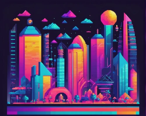 colorful city,metropolis,fantasy city,cityscape,80's design,abstract retro,futuristic landscape,space port,skyscrapers,retro background,cities,neon ghosts,tetris,low poly,low-poly,city blocks,80s,futuristic,city cities,3d fantasy,Unique,Pixel,Pixel 01