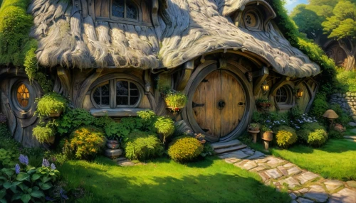 fairy house,hobbiton,witch's house,little house,thatched cottage,small house,fairy door,crooked house,house in the forest,druid grove,fairy village,cottage,country cottage,wooden house,traditional house,home landscape,summer cottage,ancient house,beautiful home,hobbit,Illustration,Realistic Fantasy,Realistic Fantasy 03