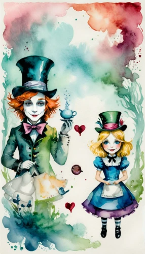 alice in wonderland,hatter,wonderland,marionette,fairytale characters,alice,little boy and girl,joint dolls,ventriloquist,rag dolls,clowns,pierrot,creepy clown,boy and girl,magician,ringmaster,horror clown,triggerfish-clown,watercolor valentine box,vamps,Illustration,Paper based,Paper Based 25