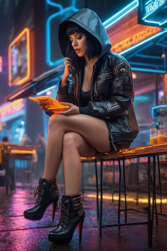 cyberpunk,neon coffee,neon drinks,retro diner,neon lights,retro woman,rain bar,retro girl,neon tea,neon light,girl studying,girl sitting,woman at cafe,walking in the rain,in the rain,weather-beaten,urban,sci fiction illustration,woman drinking coffee,world digital painting,Photography,General,Sci-Fi