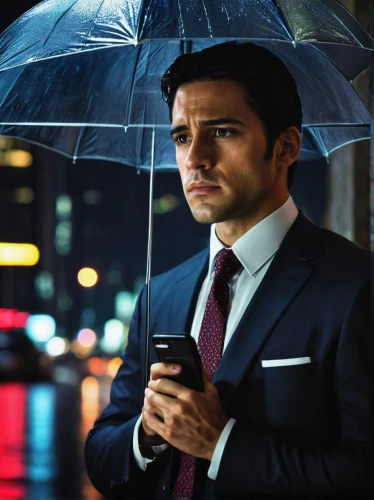 man with umbrella,wet smartphone,black businessman,white-collar worker,businessman,men's suit,a black man on a suit,weatherman,man talking on the phone,stock broker,business man,suit actor,financial advisor,rain bar,stock exchange broker,dark suit,newscaster,mobile banking,woman holding a smartphone,concierge,Illustration,American Style,American Style 08