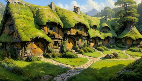 hobbiton,mountain settlement,fairy village,knight village,mountain village,druid grove,alpine village,aurora village,hobbit,fantasy landscape,stone houses,home landscape,villages,escher village,northrend,mushroom landscape,wooden houses,cottages,scandia gnomes,hanging houses,Illustration,Realistic Fantasy,Realistic Fantasy 03