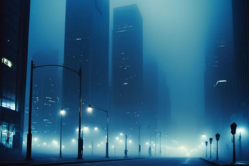 street lights,dense fog,city at night,north american fog,citylights,city lights,street lamps,fog,the fog,night lights,blue hour,ground fog,veil fog,blue rain,black city,nightscape,foggy,high fog,mist,emission fog,Illustration,Abstract Fantasy,Abstract Fantasy 10