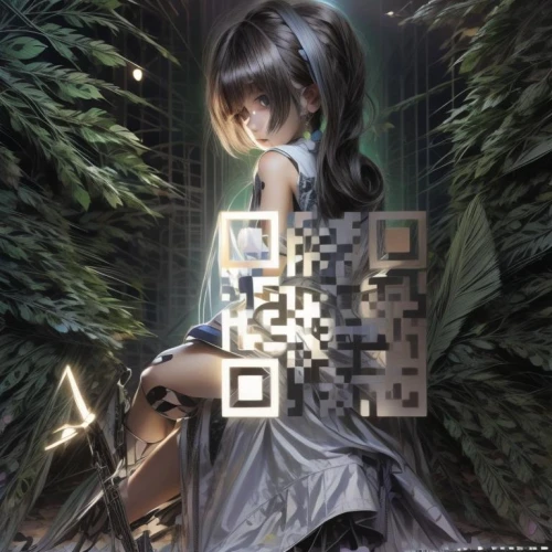 qrcode,qr-code,qr,qr code,barcode,mystical portrait of a girl,decrypted,jigsaw puzzle,virtual identity,fantasy picture,girl with tree,barcodes,background image,code,vocaloid,square background,dryad,virtual world,girl in the garden,3d fantasy