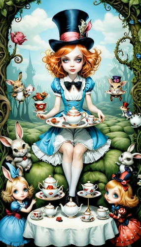 tea party collection,alice in wonderland,tea party,tea service,cake stand,alice,doll kitchen,porcelaine,tea party cat,tea set,teacup,porcelain dolls,tea cups,high tea,tea tin,wonderland,teacups,tea time,tearoom,marionette,Illustration,Abstract Fantasy,Abstract Fantasy 11