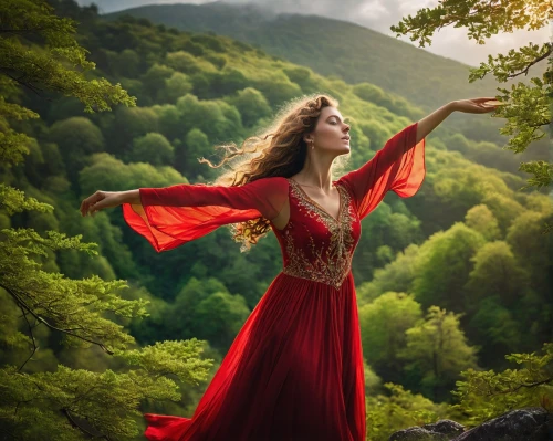 red gown,red cape,man in red dress,red tunic,celtic woman,ballerina in the woods,lady in red,girl in a long dress,girl in red dress,gracefulness,flamenco,enchanting,red summer,fairytale,red dress,beauty in nature,gypsy soul,faerie,mountain spirit,faery,Photography,General,Fantasy