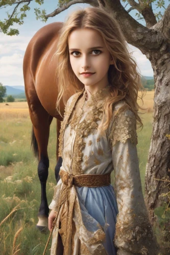little girl in wind,horse kid,princess anna,equestrian,girl pony,horse herder,horseback,buckskin,equine,brown horse,young horse,countrygirl,equestrianism,fairy tale character,warm-blooded mare,palomino,horseback riding,appaloosa,equines,children's fairy tale,Photography,Realistic