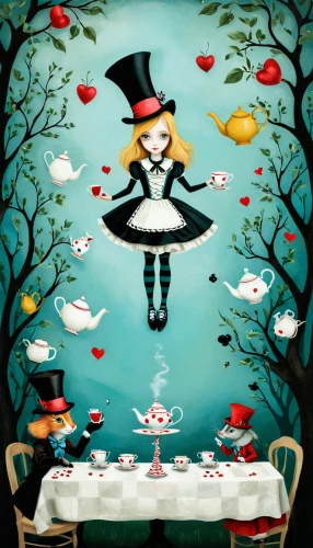 alice in wonderland,wonderland,alice,pierrot,magician,doll kitchen,marionette,tea party,fairy tale character,hatter,tea party collection,queen of hearts,children's background,sweet table,candy cauldron,tearoom,fairytale characters,coffee tea illustration,halloween background,tea party cat,Illustration,Abstract Fantasy,Abstract Fantasy 02