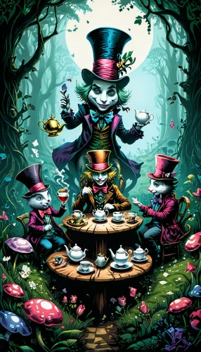alice in wonderland,hatter,wonderland,magician,candy cauldron,alice,ringmaster,tea party cat,hans christian andersen,tea party,tea party collection,scandia gnomes,game illustration,the collector,fairy world,fairytale characters,psychedelic art,fairy village,fairy tale character,gnomes at table,Illustration,Realistic Fantasy,Realistic Fantasy 25