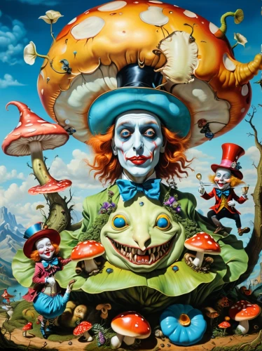 el salvador dali,mushroom landscape,psychedelic art,toadstools,mushroom island,cirque,dali,situation mushroom,scandia gnomes,lsd,cirque du soleil,agaric,surrealism,hallucinogenic,mushroom cloud,jester,gnome and roulette table,medicinal mushroom,pinocchio,fantasy art
