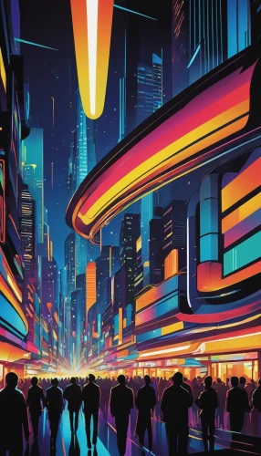 cyberpunk,metropolis,futuristic,colorful city,futuristic landscape,neon arrows,radio city music hall,valerian,city lights,sci fiction illustration,cityscape,80s,shinjuku,fantasy city,citylights,abstract retro,sci-fi,sci - fi,cities,neon lights,Illustration,American Style,American Style 09