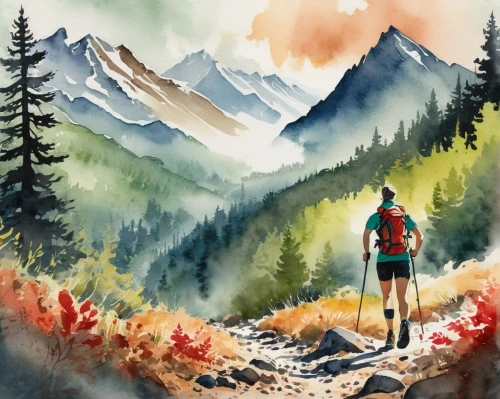 watercolor background,watercolor painting,watercolor,watercolor paint,watercolor sketch,watercolors,autumn mountains,mountain scene,water color,alpine crossing,watercolor paint strokes,watercolour,mountain landscape,watercolor paper,painting technique,water colors,mountain hiking,the spirit of the mountains,hiker,watercolor pine tree,Illustration,Paper based,Paper Based 25