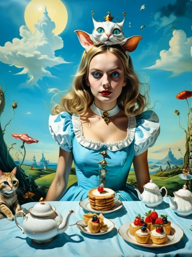 alice in wonderland,alice,tea party,tea party collection,wonderland,woman holding pie,surrealism,high tea,tea time,woman with ice-cream,girl with cereal bowl,afternoon tea,queen of puddings,thirteen desserts,teatime,fantasy art,tea party cat,surrealistic,fantasy picture,woman eating apple