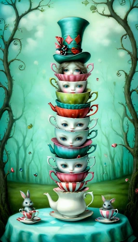 tea party collection,alice in wonderland,tea party,tea cups,tea service,tea party cat,cake stand,tea cup fella,teacup,teacup arrangement,tea cup,tea set,hatter,cup and saucer,coffee tea illustration,tea time,high tea,teatime,afternoon tea,stacked cups,Illustration,Abstract Fantasy,Abstract Fantasy 06
