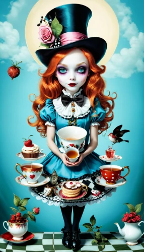 alice in wonderland,tea party collection,tea party,alice,doll kitchen,girl with cereal bowl,teacup,tea service,tea time,tea party cat,wonderland,confectioner,hatter,cake stand,high tea,afternoon tea,porcelaine,teatime,coffee tea illustration,pierrot,Illustration,Abstract Fantasy,Abstract Fantasy 10
