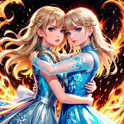 fire background,angels of the apocalypse,angel and devil,cg artwork,princesses,twin flowers,sisters,angels,gemini,two girls,fire and water,red and blue,dancing flames,cinderella,two hearts,custom portrait,christmas angels,mother and daughter,fire flakes,elsa,Anime,Anime,General