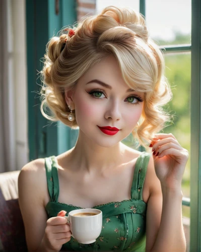 darjeeling tea,darjeeling,vintage girl,vintage woman,vintage makeup,vintage doll,retro pin up girl,woman drinking coffee,retro girl,retro woman,realdoll,cappuccino,barista,café au lait,retro women,vintage women,tea drinking,pin-up girl,50's style,retro pin up girls,Photography,General,Natural