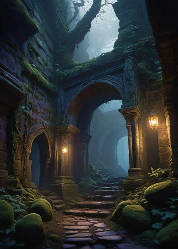 dungeon,hall of the fallen,dungeons,the mystical path,ancient city,hollow way,cave,passage,ruin,fantasy landscape,abandoned place,ruins,catacombs,underground lake,abandoned places,the path,lost place,threshold,hallway,sea caves,Illustration,Realistic Fantasy,Realistic Fantasy 03