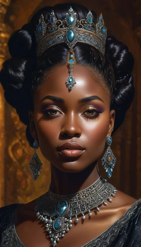 african woman,african american woman,beautiful african american women,cleopatra,bridal accessory,nigeria woman,queen crown,tiana,ancient egyptian girl,black woman,bridal jewelry,diadem,adornments,fantasy portrait,moorish,ebony,african art,crowned goura,african,oriental princess,Illustration,Realistic Fantasy,Realistic Fantasy 03