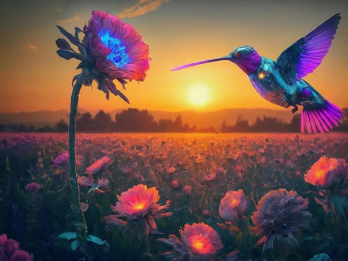 hummingbirds,colorful birds,humming birds,humming bird pair,flower in sunset,butterfly background,bird flower,flower and bird illustration,hummingbird,flower background,songbirds,blue birds and blossom,humming bird,fantasy picture,fairy world,blooming field,splendid colors,rainbow butterflies,flying birds,flower field