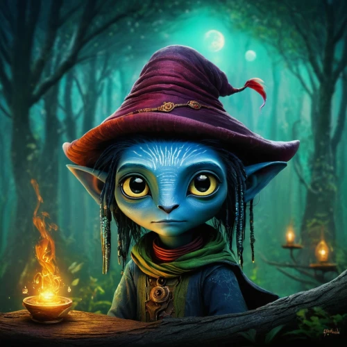 scandia gnome,witch's hat icon,scandia gnomes,gnome,fantasy portrait,violet head elf,gnomes,fae,goblin,fantasy art,the wizard,blue enchantress,druid grove,jester,wizard,the witch,game illustration,magus,avatar,fantasy picture,Illustration,Abstract Fantasy,Abstract Fantasy 01