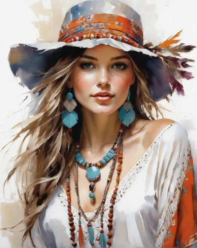 boho art,watercolor women accessory,bohemian,boho,headdress,indian headdress,gypsy soul,southwestern,feather headdress,high sun hat,the hat-female,straw hat,native american,fashion vector,boho background,the hat of the woman,adornments,sun hat,fashion illustration,fantasy art,Conceptual Art,Oil color,Oil Color 09