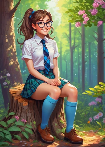 girl with tree,schoolgirl,digital painting,world digital painting,girl sitting,forest clover,springtime background,knee-high socks,librarian,fantasy portrait,girl studying,spring background,forest background,pines,biologist,digital illustration,park bench,retro girl,perched on a log,in the forest,Illustration,American Style,American Style 07