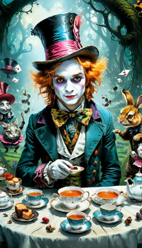 alice in wonderland,hatter,tea party,tea party cat,wonderland,tea party collection,teatime,ringmaster,tea time,high tea,alice,fairytale characters,tea service,afternoon tea,magician,fairy tale character,fantasy art,jigsaw puzzle,children's background,confectioner,Conceptual Art,Fantasy,Fantasy 12