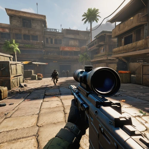 screenshot,shooter game,color is changable in ps,graphics,assault rifle,videogame,crosshair,sniper,submachine gun,courtyard,tower pistol,karnak,tropic,depth of field,cod,ranged weapon,jackal,bastion,optimization,tropics,Illustration,Retro,Retro 02