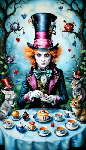 alice in wonderland,hatter,tea party cat,tea party,wonderland,ringmaster,tea party collection,alice,magician,jigsaw puzzle,candy cauldron,pierrot,confectioner,cheshire,cirque,thirteen desserts,girl with cereal bowl,cake stand,teacup,tea time,Illustration,Abstract Fantasy,Abstract Fantasy 14