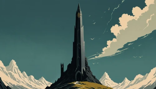 obelisk,spire,monolith,obelisk tomb,sentinel,cellular tower,beacon,vulcan,minarets,pointy,stratovolcano,the needle,futuristic landscape,megalith,earth rise,old earth,travel poster,5 dragon peak,scale,excalibur,Illustration,Japanese style,Japanese Style 08